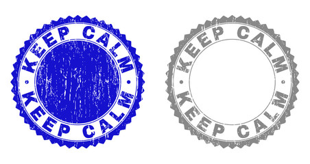 Grunge KEEP CALM stamp seals isolated on a white background. Rosette seals with grunge texture in blue and grey colors. Vector rubber stamp imprint of KEEP CALM title inside round rosette.