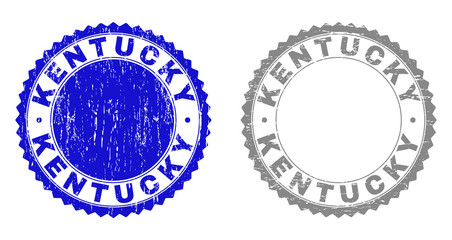 Grunge KENTUCKY stamp seals isolated on a white background. Rosette seals with grunge texture in blue and grey colors. Vector rubber watermark of KENTUCKY text inside round rosette.