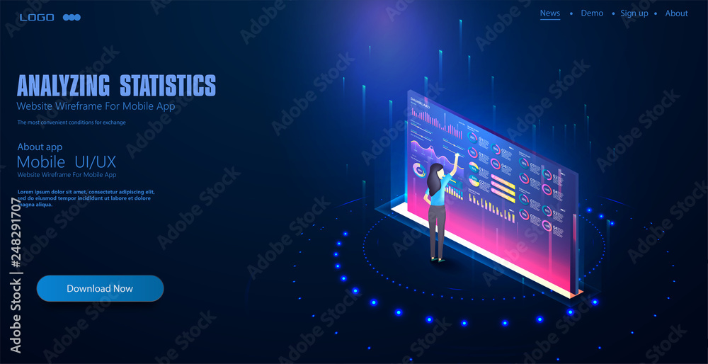Poster girl analyze diorams and graphics. data visualization concept.futuristic analysis trends and financi