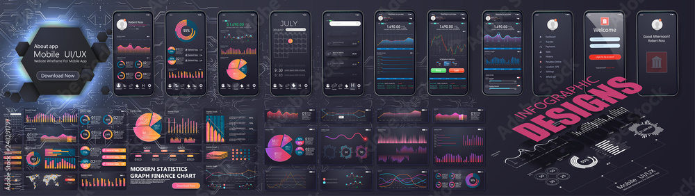 Poster different ui, ux, gui mobile screens modern infographic. diagram template and chart graph. flat web 