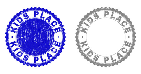 Grunge KIDS PLACE stamp seals isolated on a white background. Rosette seals with distress texture in blue and gray colors. Vector rubber overlay of KIDS PLACE title inside round rosette.