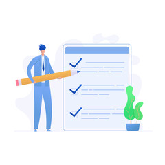 Businessman holding pencil at big complete checklist with tick marks.