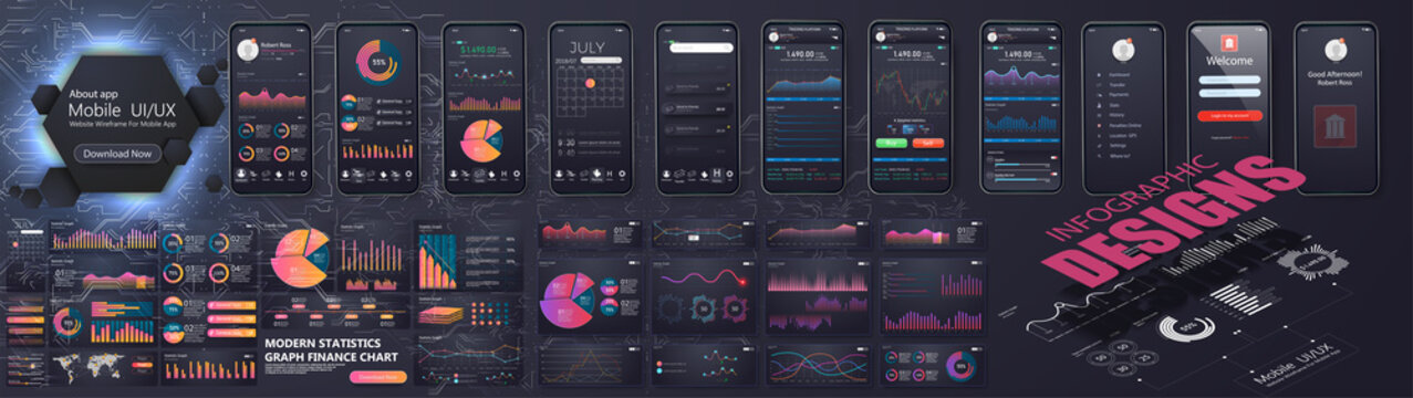 Different UI, UX, GUI mobile screens modern infographic. Diagram template and chart graph. Flat web icons for mobile apps, responsive website including. Web design and mobile template. Stock vector
