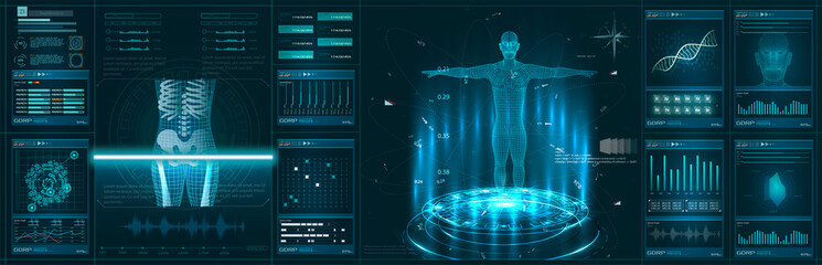 	 Hologram Human anatomy and skeleton. Abstract health hud ui interface element of medical science. Virtual Body Hi Tech Diagnostic Panel, Medicine, Clinic Researchers - Illustration Vector - obrazy, fototapety, plakaty
