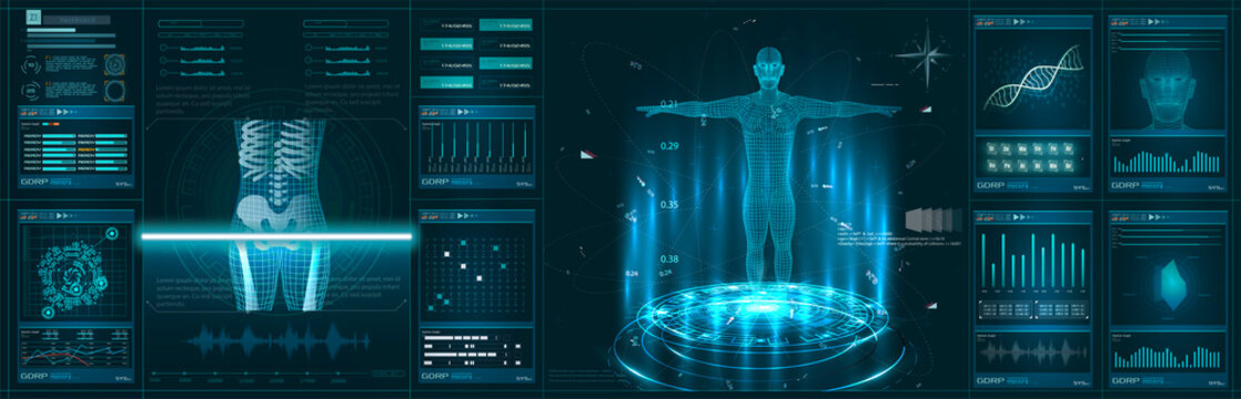 	 Hologram Human anatomy and skeleton. Abstract health hud ui interface element of medical science. Virtual Body Hi Tech Diagnostic Panel, Medicine, Clinic Researchers - Illustration Vector