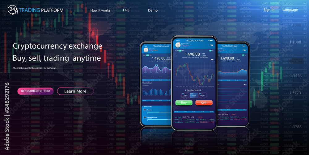 Poster trade exchange app on phone screen. mobile banking cryptocurrency ui. online stock trading interface