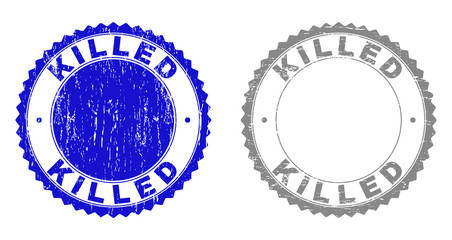 Grunge KILLED stamp seals isolated on a white background. Rosette seals with distress texture in blue and gray colors. Vector rubber stamp imprint of KILLED title inside round rosette.