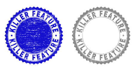 Grunge KILLER FEATURE stamp seals isolated on a white background. Rosette seals with distress texture in blue and gray colors. Vector rubber stamp imprint of KILLER FEATURE title inside round rosette.