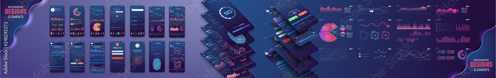 Wall mural different ui, ux, gui screens fitnes app and flat web icons for mobile apps, responsive website incl