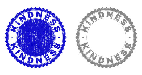 Grunge KINDNESS stamp seals isolated on a white background. Rosette seals with grunge texture in blue and gray colors. Vector rubber stamp imitation of KINDNESS label inside round rosette.