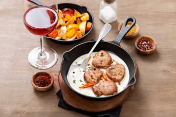 Pork meat medallions with baked potatoes and cream sauce .