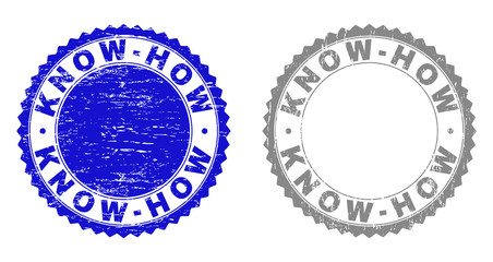 Fototapeta na wymiar Grunge KNOW-HOW stamp seals isolated on a white background. Rosette seals with grunge texture in blue and grey colors. Vector rubber stamp imprint of KNOW-HOW title inside round rosette.