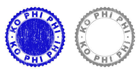 Grunge KO PHI stamp seals isolated on a white background. Rosette seals with distress texture in blue and gray colors. Vector rubber stamp imprint of KO PHI tag inside round rosette.