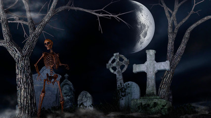 Skeleton in a spooky cemetery