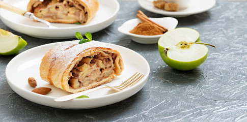 Homemade apple strudel with fresh apples, nuts and powdered sugar.