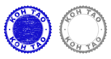 Grunge KOH TAO stamp seals isolated on a white background. Rosette seals with distress texture in blue and gray colors. Vector rubber watermark of KOH TAO caption inside round rosette.