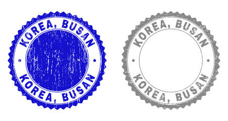 Grunge KOREA, BUSAN stamp seals isolated on a white background. Rosette seals with distress texture in blue and gray colors. Vector rubber stamp imprint of KOREA, BUSAN text inside round rosette.