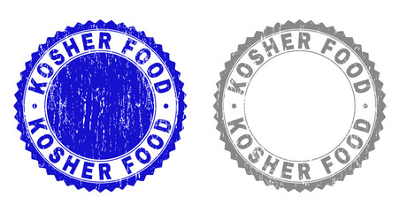 Grunge KOSHER FOOD stamps isolated on a white background. Rosette seals with grunge texture in blue and grey colors. Vector rubber stamp imprint of KOSHER FOOD caption inside round rosette.