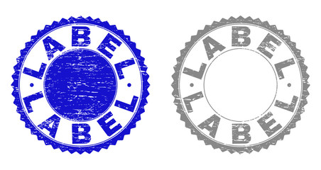Grunge LABEL stamp seals isolated on a white background. Rosette seals with grunge texture in blue and grey colors. Vector rubber stamp imprint of LABEL inside round rosette.