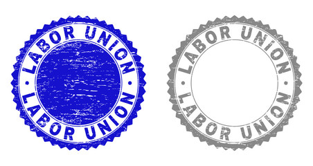 Grunge LABOR UNION stamp seals isolated on a white background. Rosette seals with distress texture in blue and grey colors. Vector rubber stamp imitation of LABOR UNION caption inside round rosette.