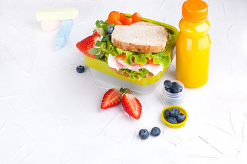 Box with school lunch and a bottle of juice. Sandwich with cheese and salad, fresh berries for baby food. Light background and space for text. Copy space,