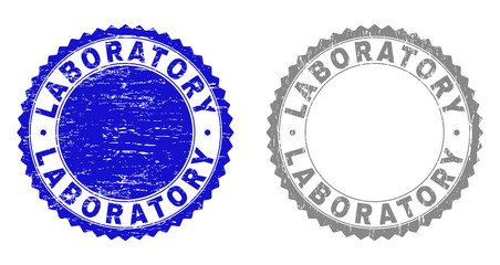 Grunge LABORATORY stamp seals isolated on a white background. Rosette seals with grunge texture in blue and grey colors. Vector rubber stamp imprint of LABORATORY tag inside round rosette.