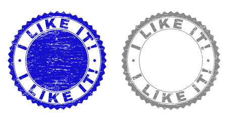Grunge I LIKE IT! stamp seals isolated on a white background. Rosette seals with grunge texture in blue and gray colors. Vector rubber stamp imprint of I LIKE IT! label inside round rosette.