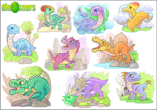 cute cartoon prehistoric dinosaurs, set of funny images