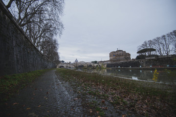 Panoramic view on the Aelian Bridge (Ponte Sant'Angelo ) and Castle Sant'Angelo in Rome Italy