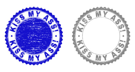 Grunge KISS MY ASS! stamp seals isolated on a white background. Rosette seals with grunge texture in blue and gray colors. Vector rubber stamp imprint of KISS MY ASS! label inside round rosette.