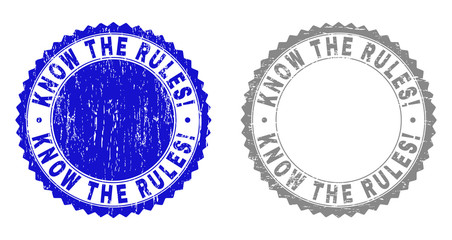 Grunge KNOW THE RULES! stamp seals isolated on a white background. Rosette seals with grunge texture in blue and gray colors.