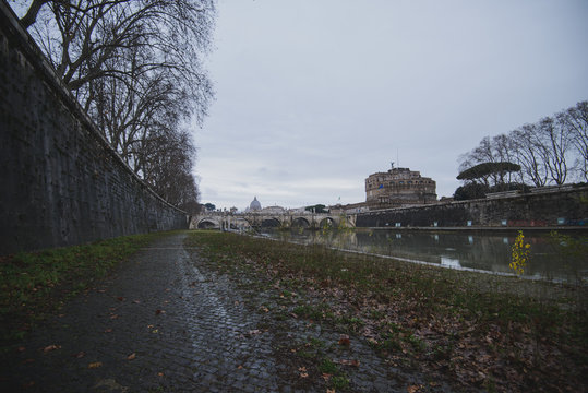 Panoramic view on the Aelian Bridge (Ponte Sant'Angelo ) and Castle Sant'Angelo in Rome Italy