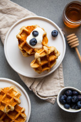 Sweet Homemade Belgian Waffle with Berry and vegan oat milk
