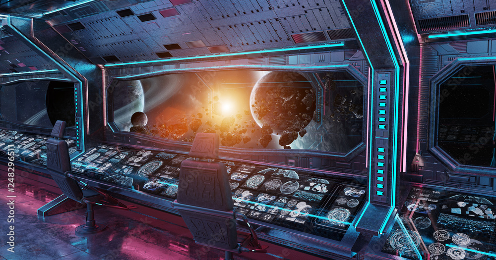 Wall mural grunge spaceship interior with view on planet earth 3d rendering