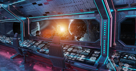 Grunge Spaceship interior with view on planet Earth 3D rendering © sdecoret