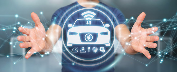 Businessman using modern smart car interface 3D rendering