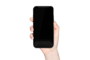 Woman hand holding modern smatphone mockup on white