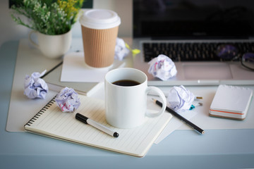 Office table top coffee cup text space image. 