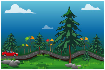 red car run on the road in forest vector design
