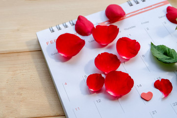 Close up and top view : Red heart shape marked on calendar at 14 February with many red  petals of rose
