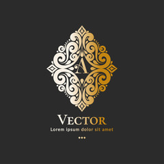 Vector emblem. Elegant, classic elements. Can be used for jewelry, beauty and fashion industry. Great for logo, monogram, invitation, flyer, menu, brochure, background, or any desired idea.