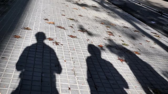 Pedestrian commuters - people shadows or silhouettes walking forward and fast in city on paving stone sidewalk. Three unrecognizable women traveling in city or town on sunny day.