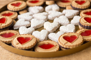 Cookies with jelly hearts on wooden background.Valentine Day Concept.