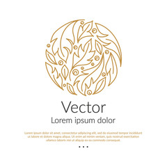 Gold linear leaf emblem. Elegant, classic vector. Can be used for jewelry, beauty and fashion industry. Great for logo, monogram, invitation, flyer, menu, brochure, background, or any desired idea.