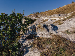 Bakota bay, Ukraine, scenic aerial view to Dniester, stones above the lake water, sunny day