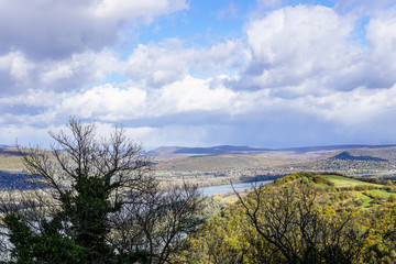 Aerial view of the Danube Band and hungarian city esztergom, slovakian city sturovo and danube river including spires of the saint ignac church