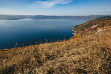 Bakota bay, Ukraine, scenic aerial view to Dniester, lake water, sunny day