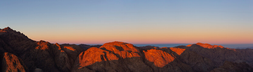 Egypt. Mount Sinai in the morning at sunrise. (Mount Horeb, Gabal Musa, Moses Mount). Pilgrimage place and famous touristic destination.