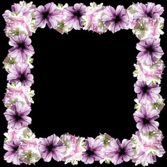 Beautiful floral frame of geraniums and petunias 