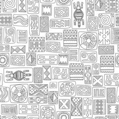 African ethnic seamless pattern. Hand drawn traditional symbols of the peoples of Africa on a white background. Vector illustration.